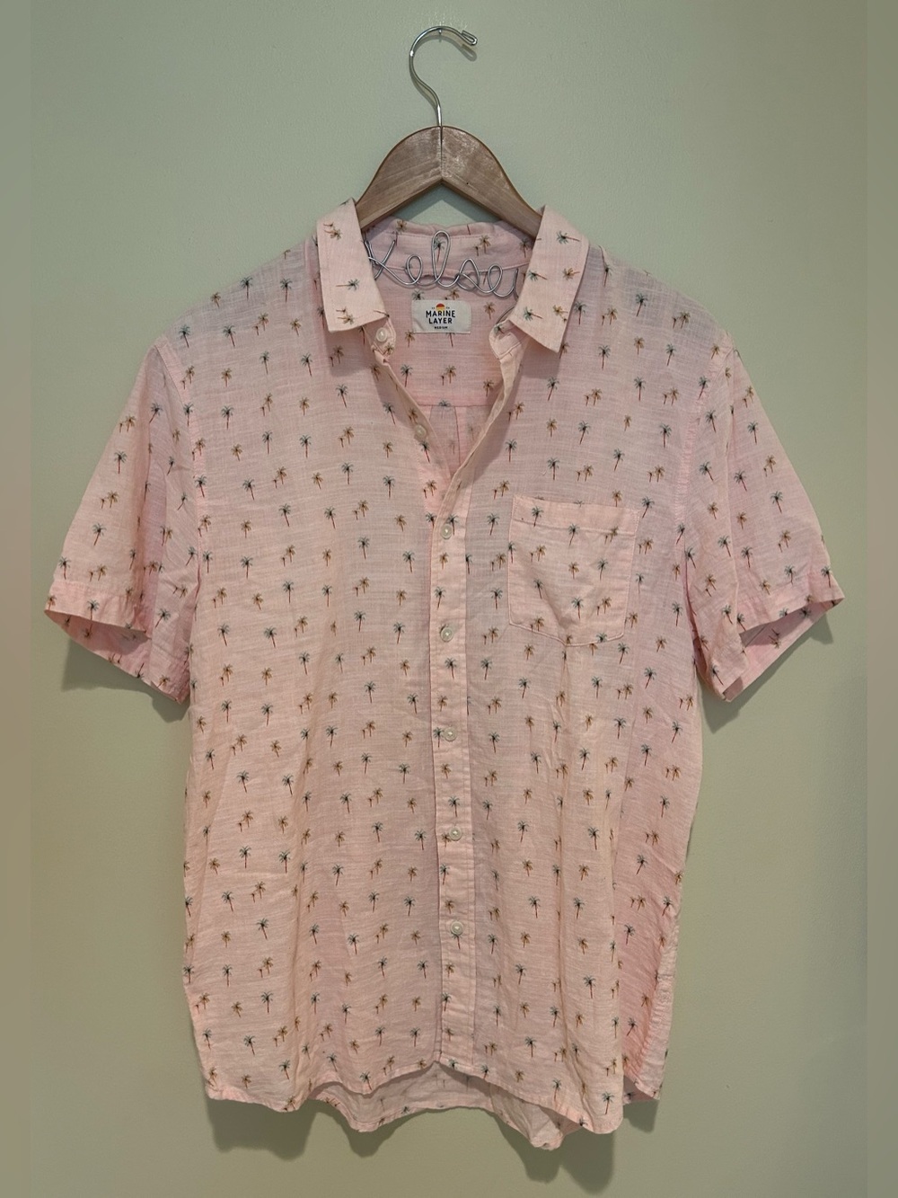 Marine Layer Men’s Pink Palm Tree Short Sleeve Button-Up Shirt 100% Cotton M